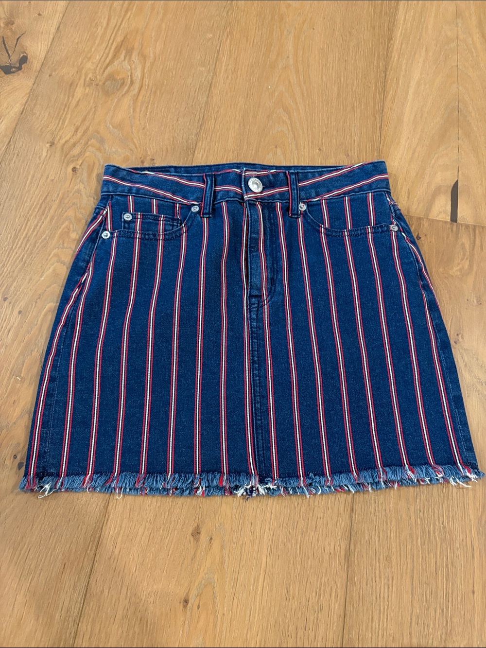 Striped Navy Denim Mini Skirt - Unbranded